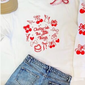 Cream Sweatshirt with Red Cherry Cherry-ish The Little Things Crew Design